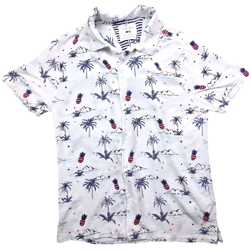 Denim & Flower Ricky Singh Mens Large White Tropical Pineapple Button Down Shirt